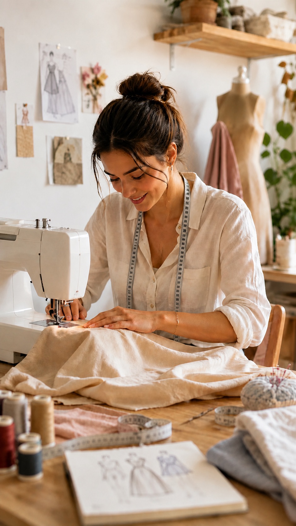 Jeune couturière travaillant à la machine dans un atelier lumineux